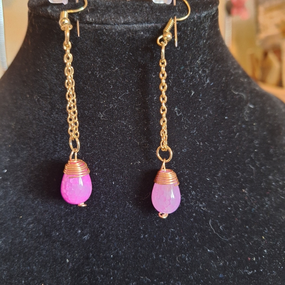 Brass Chain Crackle Quartz Drop Earrings